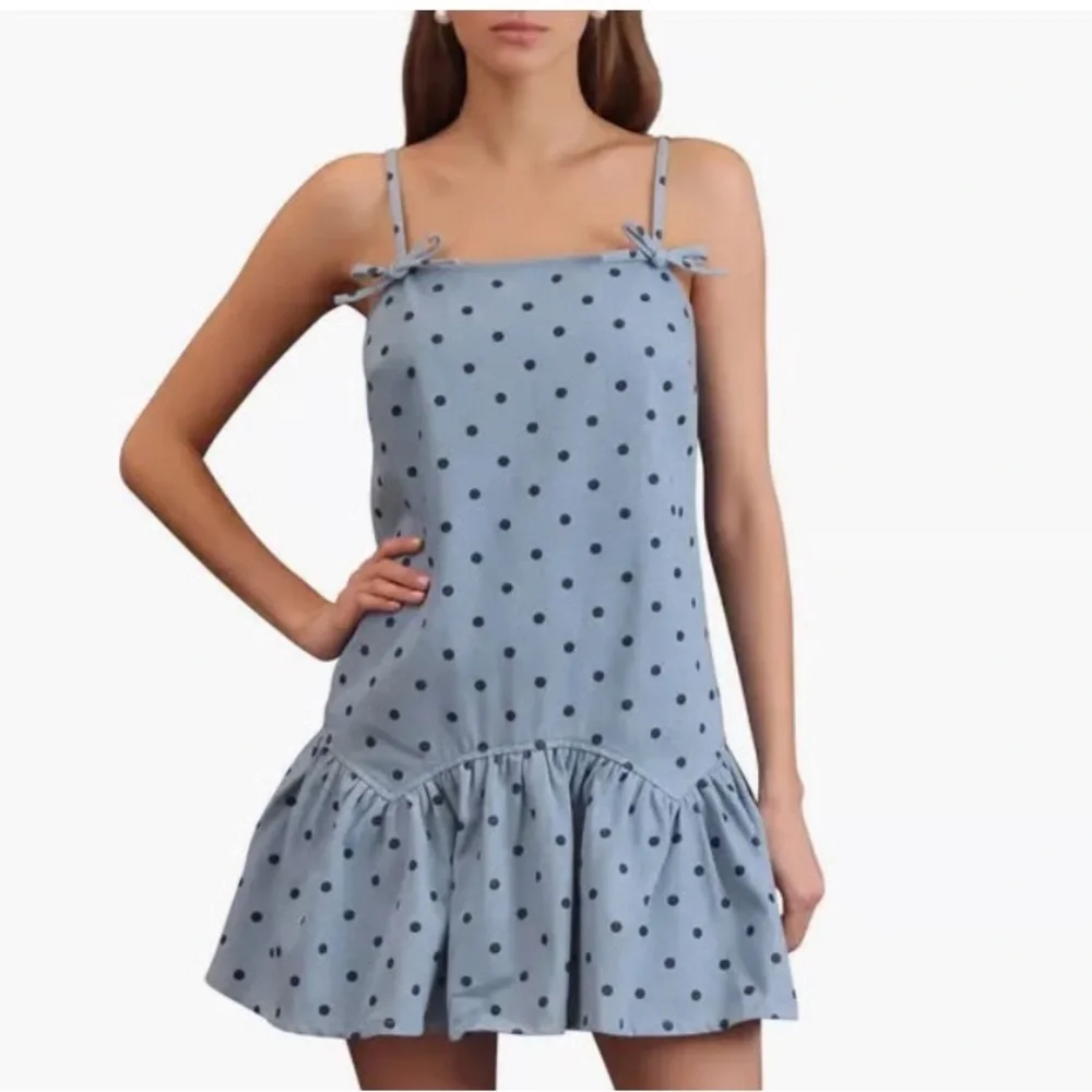 NWT Avec Les Filles Flirty Sky Blue Cotton Dotted Mini Shift Fit n Flare Dress - Picture 1 of 11